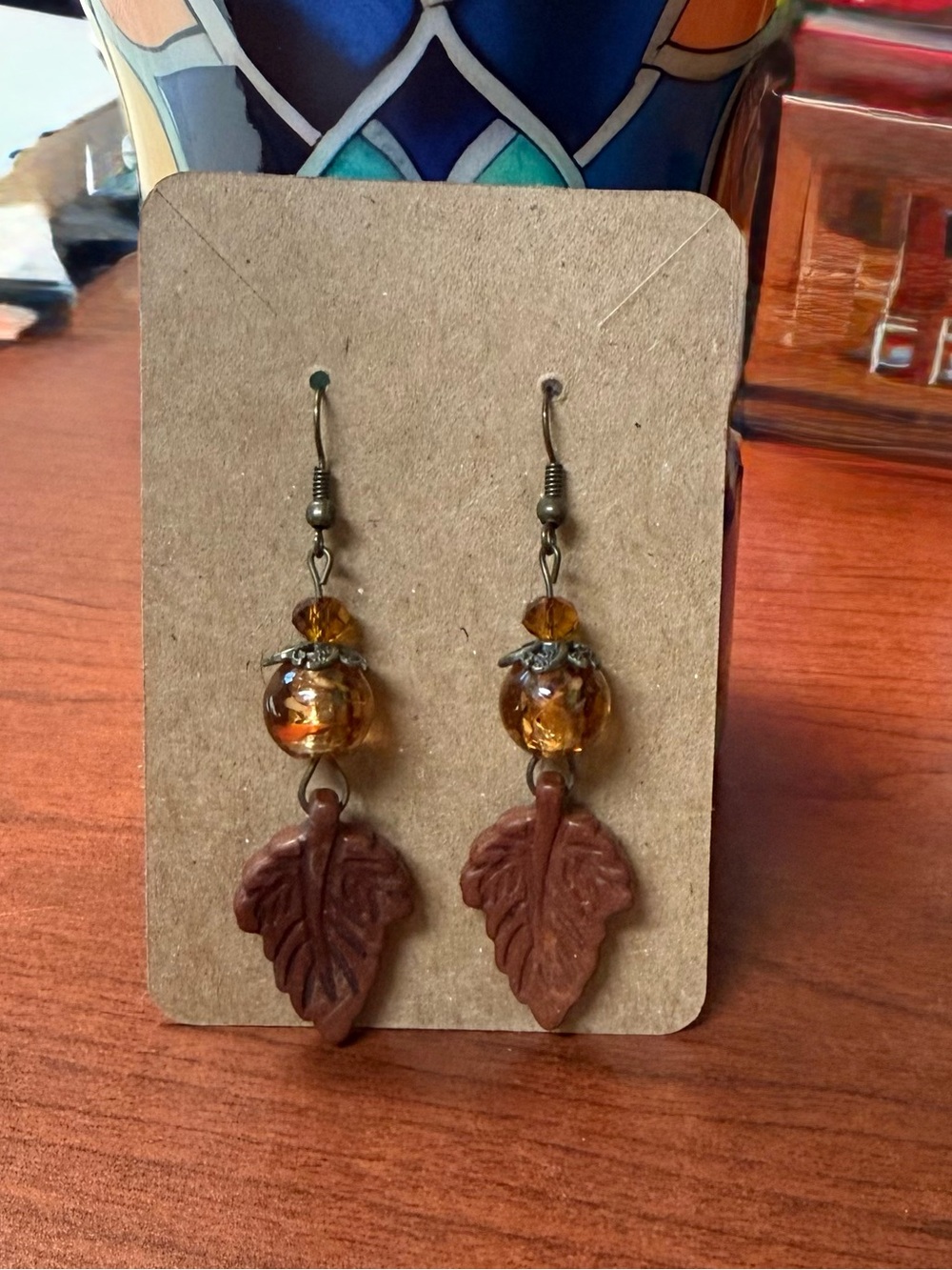 Handmade Bohemian Amber Leaf Drop Earrings with Czech Glass Amber Beads